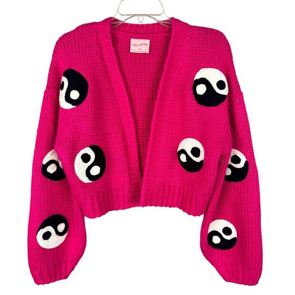 Free People Mure Grand Pink Yin Yang Embroidered Long Sleeve Open Front Cardigan - Picture 2 of 7